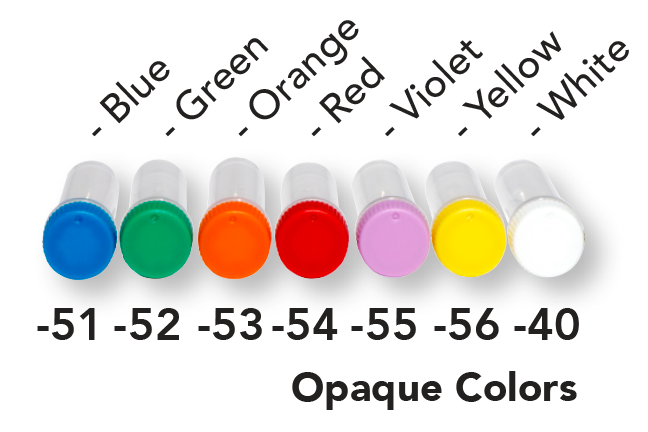 Opaque Colors for IntegraSeal Caps. -51 Blue, -52 Green, -53 Orange, -54 Red, -55 Violet, -56 Yellow, -40 White